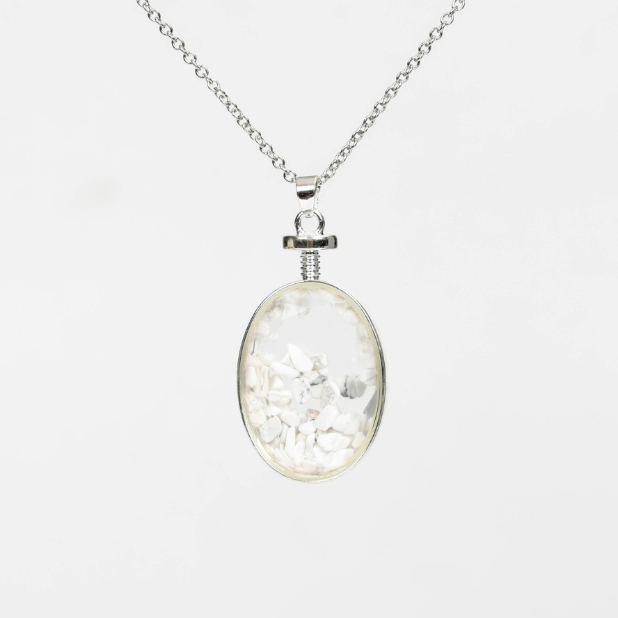 Crystal Chips In Oval Glass Pendant Necklace